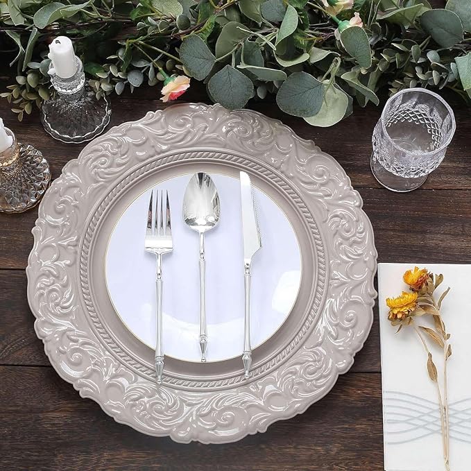 Efavormart Set of 6 | Taupe Green 14" Round Plastic Charger Plates With Engraved Baroque Design Rim For Wedding Party Events