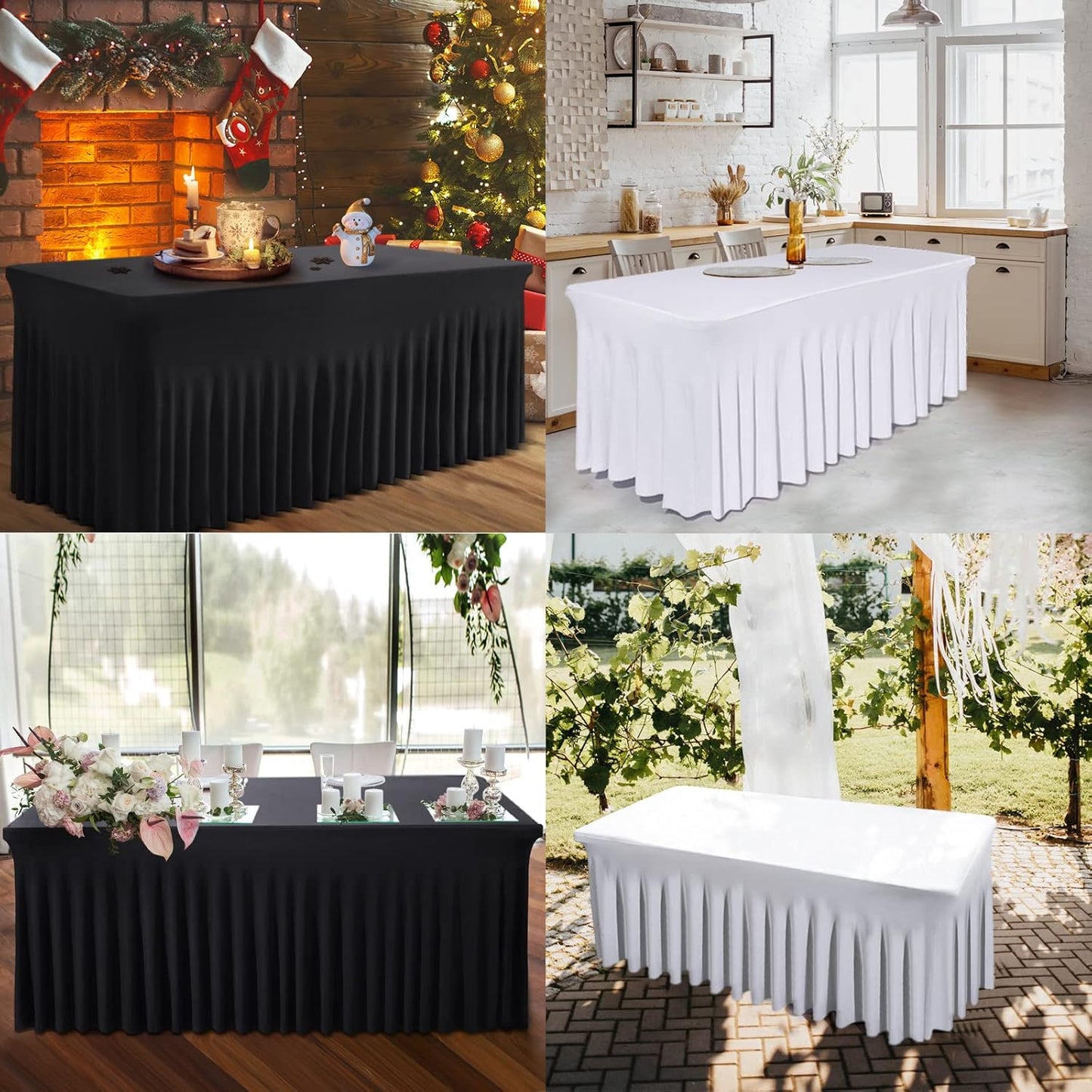 Table Skirts for Rectangle Tables 8ft - One-Piece Black Tablecloths and Skirt, Wrinkle Resistant Ruffles Elastic Cover for Banquets, Weddings, Events, Parties