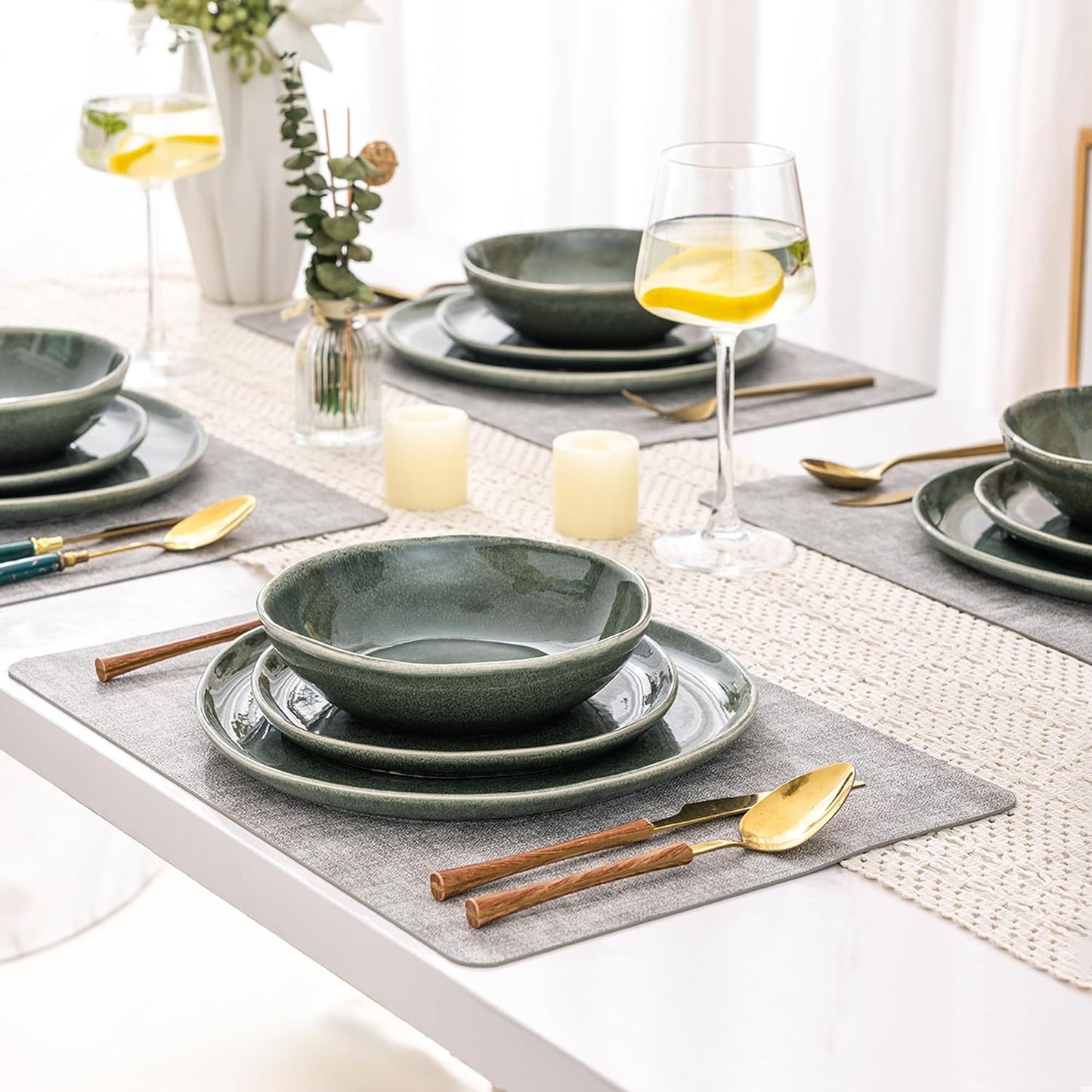 AmorArc Handmade Ceramic Dinnerware Set 18pc | Jade Green Reactive Glaze Stoneware | Service for 6