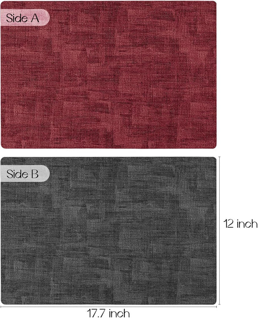 Romanstile Reversible Vinyl Placemats Set of 4, Faux Leather 100% Waterproof Oil-Proof Wipeable Place Mats, Heat Resistant Dual Sided Table Mats for Kitchen/Dining/Party (Grey Red, 12 x 17 Inch)
