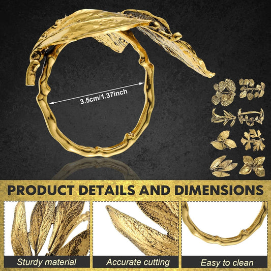 Cunhill 8 Pieces Herb Napkin Rings Set Vintage Leaf Napkin Holders Rings Glossy Holder Adornment Metal Table for Graduation Holidays Wedding Graduation Party Decor Everyday Use(Gold)