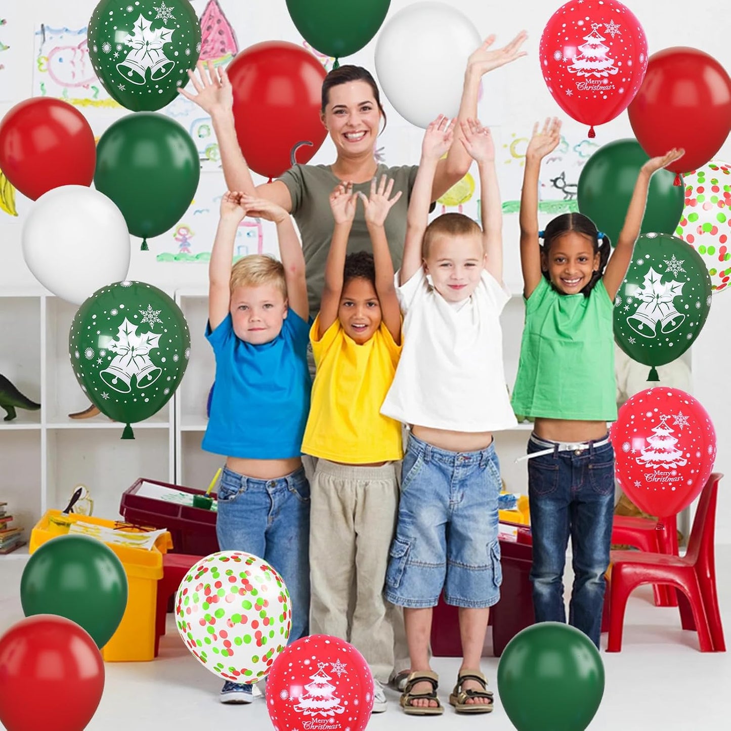 Christmas Balloons, 12 Inch Green Red White Xmax Balloons with Deer Christmas Tree Printed Balloons Red Green Confetti Balloons for Christmas Party Baby Shower Birthday Decorations Supplies