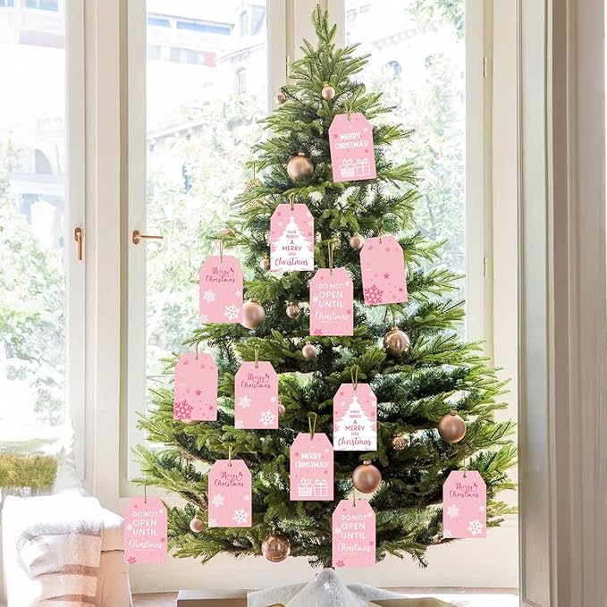 Anwyll Christmas Gift Tags with String - 50Pcs Pink Merry Christmas Name Tags for Gift Xmas to from Tag Have A Merry Little Christmas Tree Label Tag for Present Wrap Goodie Bags Holiday Party Favors
