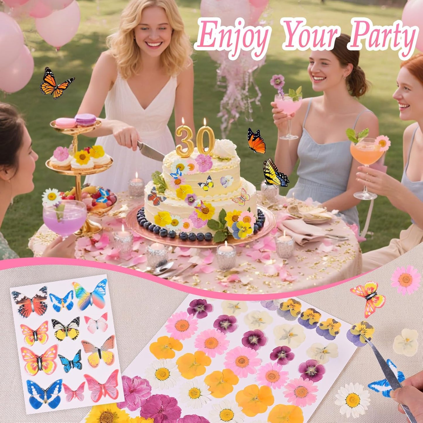 60 PCS Edible Butterfly and Flowers Cake Cupcake Toppers Decoration - Real Flowers & Wafer Butterfly for Wedding Themed Party Birthday Cake Decor Hawaiian Flower,Mixed Size Color