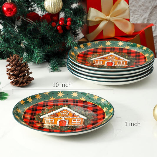 Ceramic Dinner Plates Set of 6,Stoneware 10 Inch,Microwave,Dishwasher and Oven Safe,Porcelain Dessert Plates for Pasta,Salad and Steak,Dishes Set for Kitchen,Scratch Resistant,Christmas