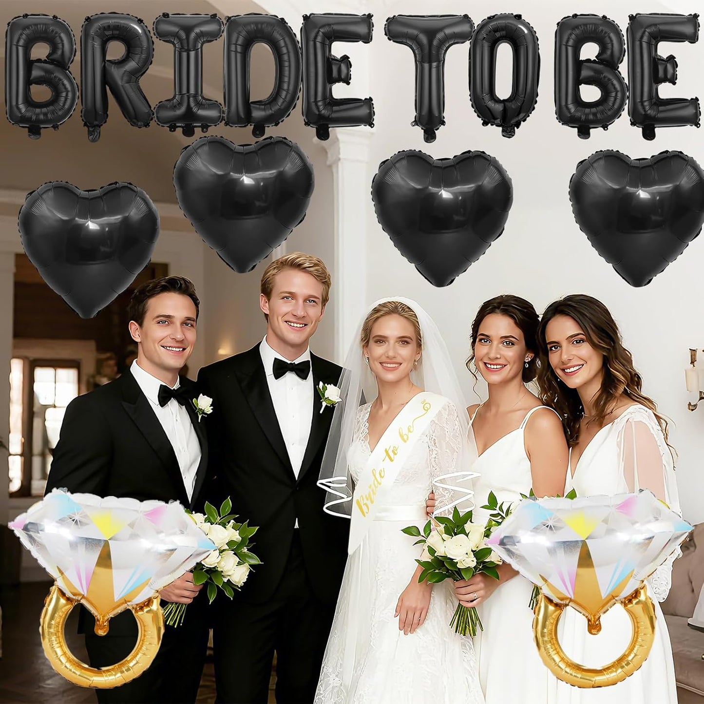 Black Bachelorette Party Decorations, Black Bride to Be Banner Heart Balloons with Diamond Ring Foil Balloon, Gold Bride to Be Sash&Veil for Bachelorette Engagement Gift Bridal Shower Party Supplies
