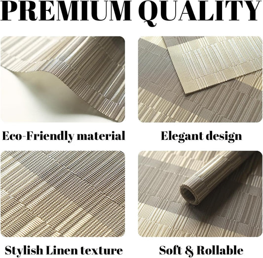 Placemats Set of 12 Vinyl/Plastic Woven Place Mats for Kitchen Table Indoor/Outdoor Washable Placemat Wipeable Dining Table Mats (Ombre Glod,12)