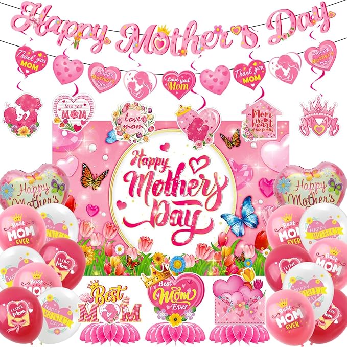 Mother's Day Decorations Includes Banner,Balloons,Backdrop,Hanging Swirls,Honeycomb,Balloon Ribbon for Mother's Day Party Decor Mothers Birthday Party Supplies