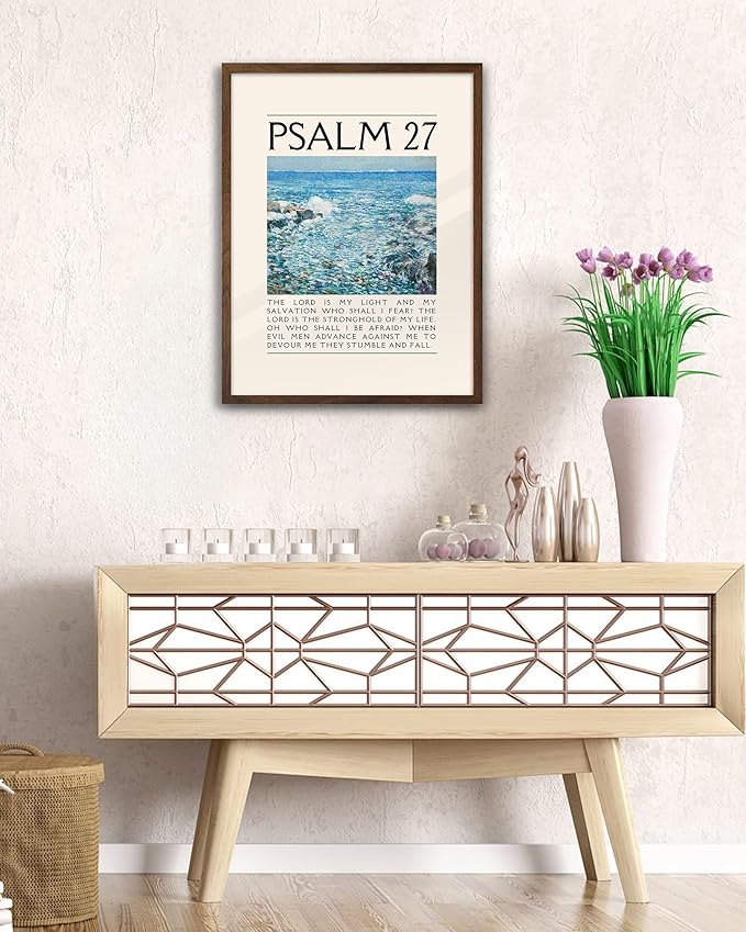 EcoHest Walnut Color OAK Wood Jesus Framed Wall Art, 12x16in Psalm 27 Bible Verse Christian Wall Art, Modern Faith Religious Bedroom Decor For Living Room Bathroom Christian Merch Gift 1Pack