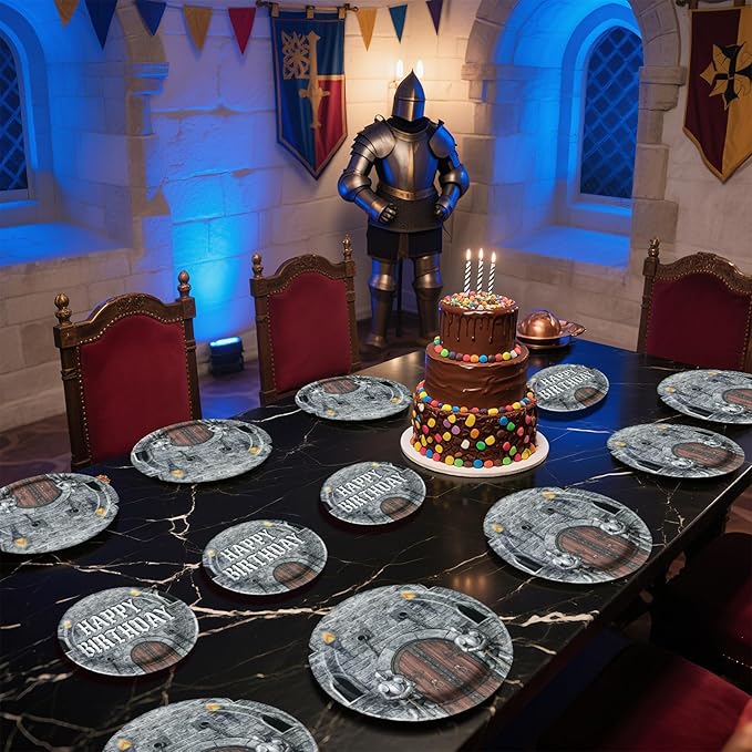 Grencian 96Pcs Medieval Castle Party Supplies Castle Birthday Plates and Napkins Disposable Medieval Knight Tableware Set for Kids Birthday Baby Shower Halloween Decorations Serves 24