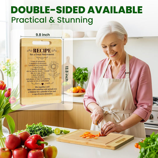 Kikcoin Retirement Gifts for Woman - Bamboo Cutting Boards for Kitchen, Retired Cutting Board Gift Leaving Job Gifts for Coworkers Happy Retirement Party Decorations, Large Cutting Board 13.8" X 9.8"