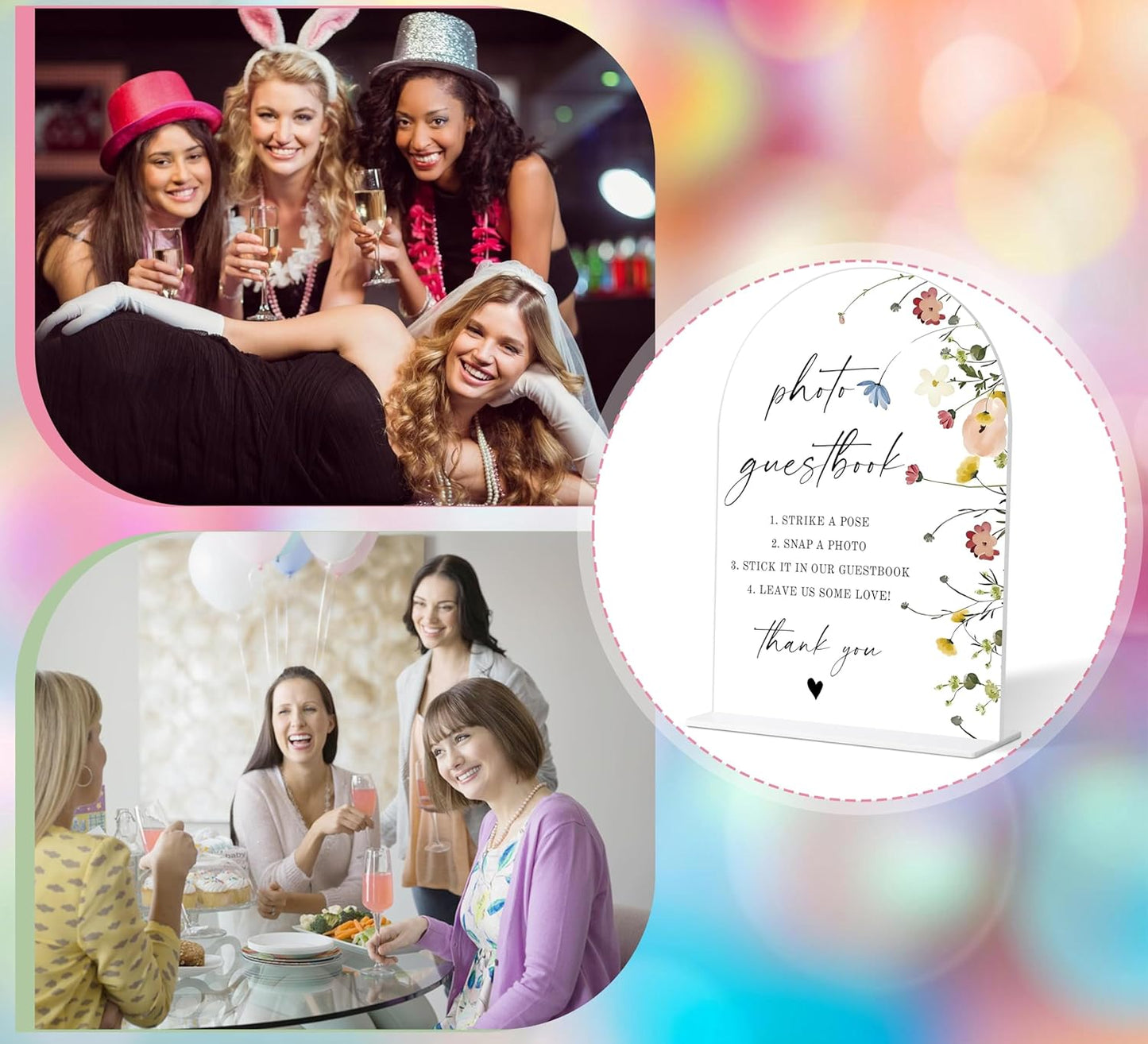 Photo Guest Book Sign, Wedding Guest Book Alternative, Flower Style Bridal Shower Signs for Engagement, Bridal Shower and Reception, Wedding Shower Favors, 6X8 Inch Acrylic Arch Sign with Stand,34