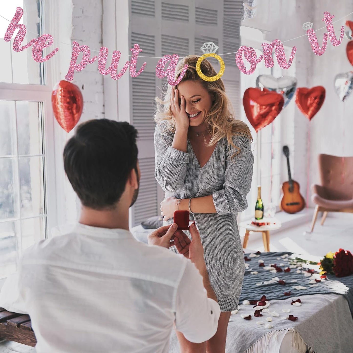 Glitter Pink He Put A Ring On It Banner Pre-Strung Engagement Decorations Bridal Wedding Party Backdrop Sign Garland Bachelorette Party Supplies,NO DIY