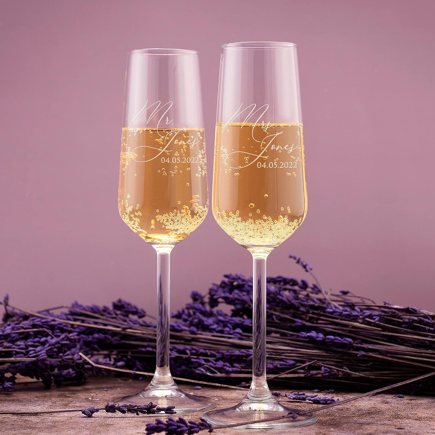 GIFTBYGIFTY Personalized Wedding Champagne Flutes for Bride and Groom- Set of 2, 7 oz, 2 Designs - Mr and Mrs Champagne Glasses for Engagement with Your Surname and Date - D2