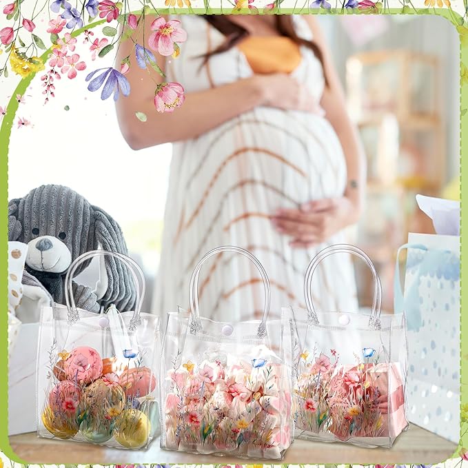 Tioncy 24 Pcs Wildflower Clear PVC Gift Bags Wildflower Baby in Bloom Baby Shower Party Favor Bags with Handles Candy Treat Basket for Wedding Birthday Baby Party Supplies