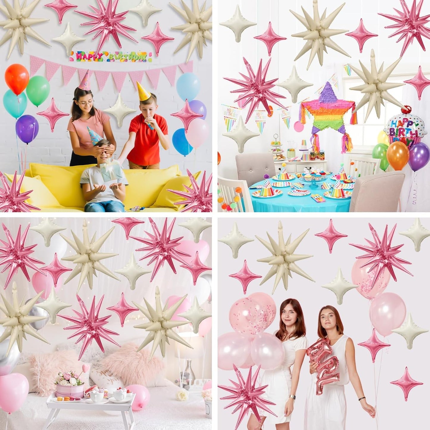 Pink White Star Balloon,Sand White Pink 6Pcs 22Inch Explosion Star Balloons and 10Pcs 10Inch Four Angle Balloons Kit for Birthday Anniversary Baby Shower Wedding Party Decorations