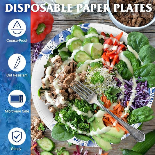 Charmount Paper Plates Bulk 8.5 Inch, 150pcs Disposable Plates, Blue Paper Plates for Parties and Daily Use, Soak Proof, Cut Proof, Flower Printed