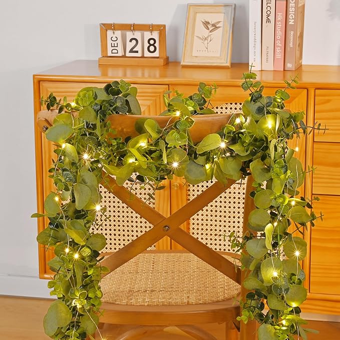Dolicer 2 Packs 6FT Artificial Eucalyptus Garland with LED Light String, Faux Greenery Garland Hanging Fake Silver Dollar Eucalyptus Leaves Vines for Wedding Backdrop Arch Table Wall Party Home Decor