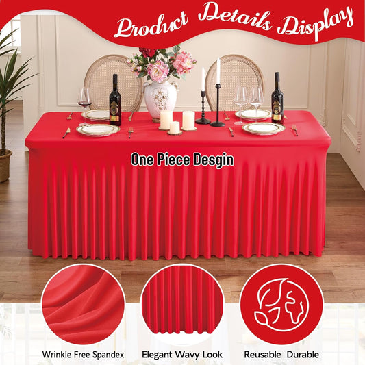 Outpain 8ft Spandex Table Cloth for Standard Folding Tables-4Pack Red Table Cloth Table Protector for Party, Wedding, Cocktail, Banquet, Festival