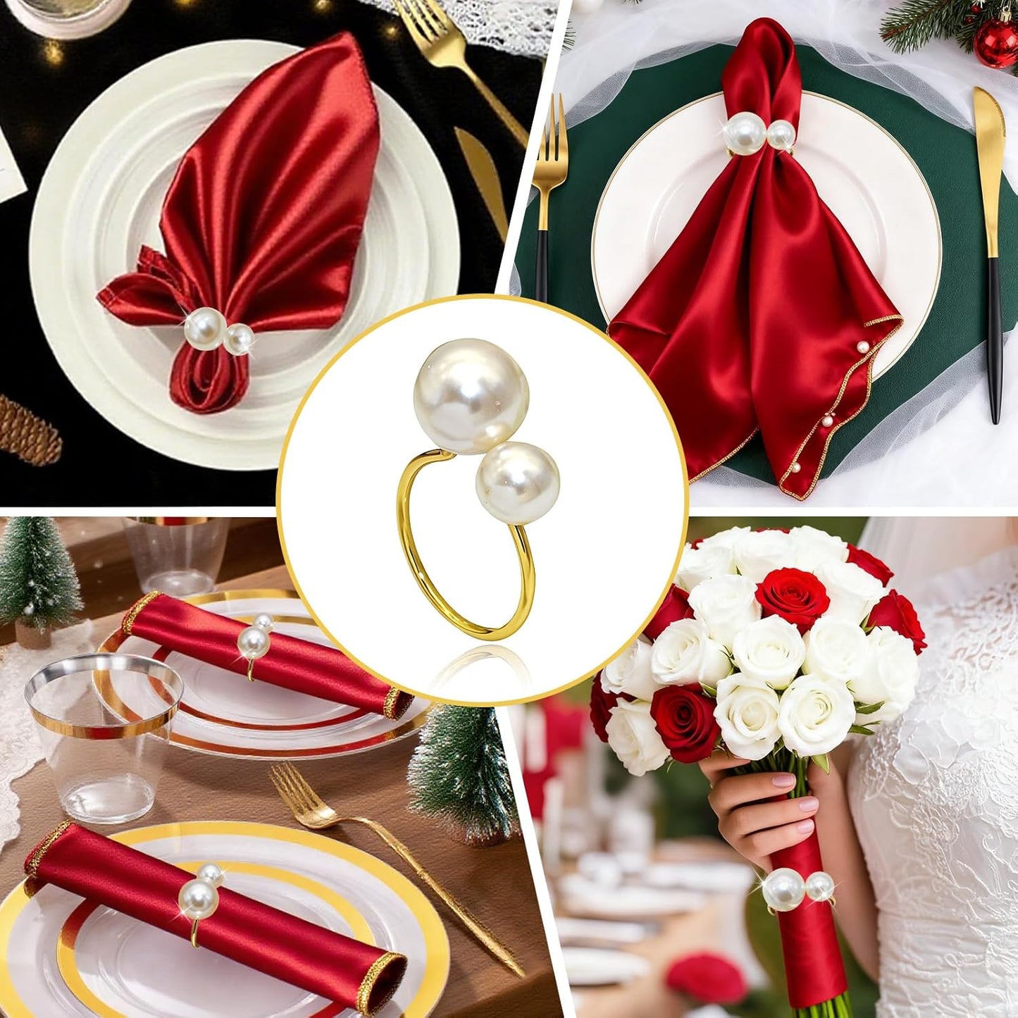 Gold Pearl Napkin Rings Set of 6 for Christmas New Year Candlelight Dinner Decor,Elegant Napkin Ring Holders for Wedding Reception Anniversary Family Gatherings Daily Table Setting