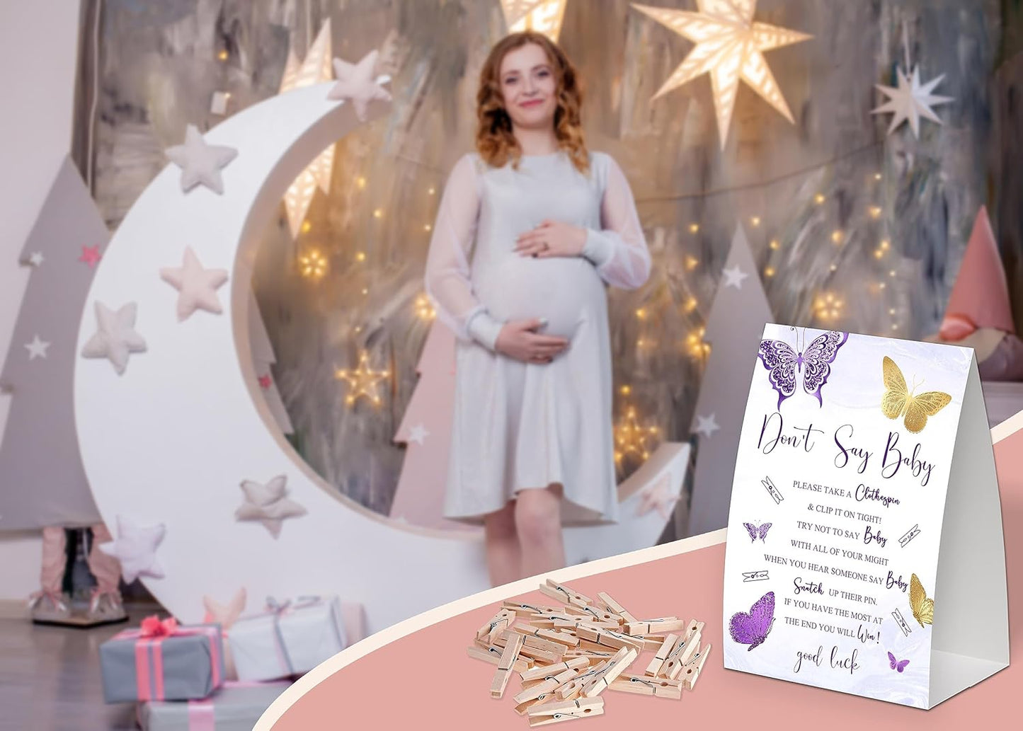 Purple Gold Butterfly Shower Decoration,Don't Say Baby Baby Shower Game,Gender Neutral Baby Shower Decorations,Small Clothespin Game,Baby Shower Ideas,Baby Shower Games 50 Guest,Fall Party Games