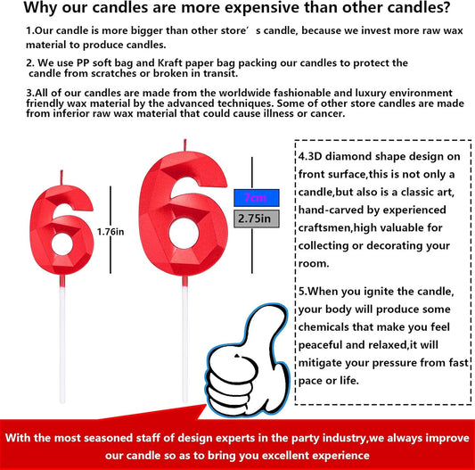 2.75in Tall 3D Diamond Shape Bright Red 6 Candles, Red Color Happy Birthday Cake Toppers Decorating and Celebrating for Adults/Kids Party/Family Baking (Bright Red Diamond Shaped 2.75in Number 6)