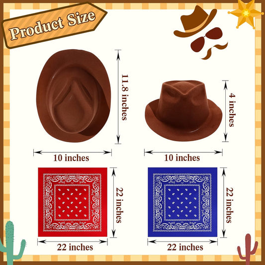 Hillban 72 Pcs Western Cowboy Hat and Paisley Bandana Set for Kids Felt Cowboy Party Hats for Costume Party Favors(Brown)