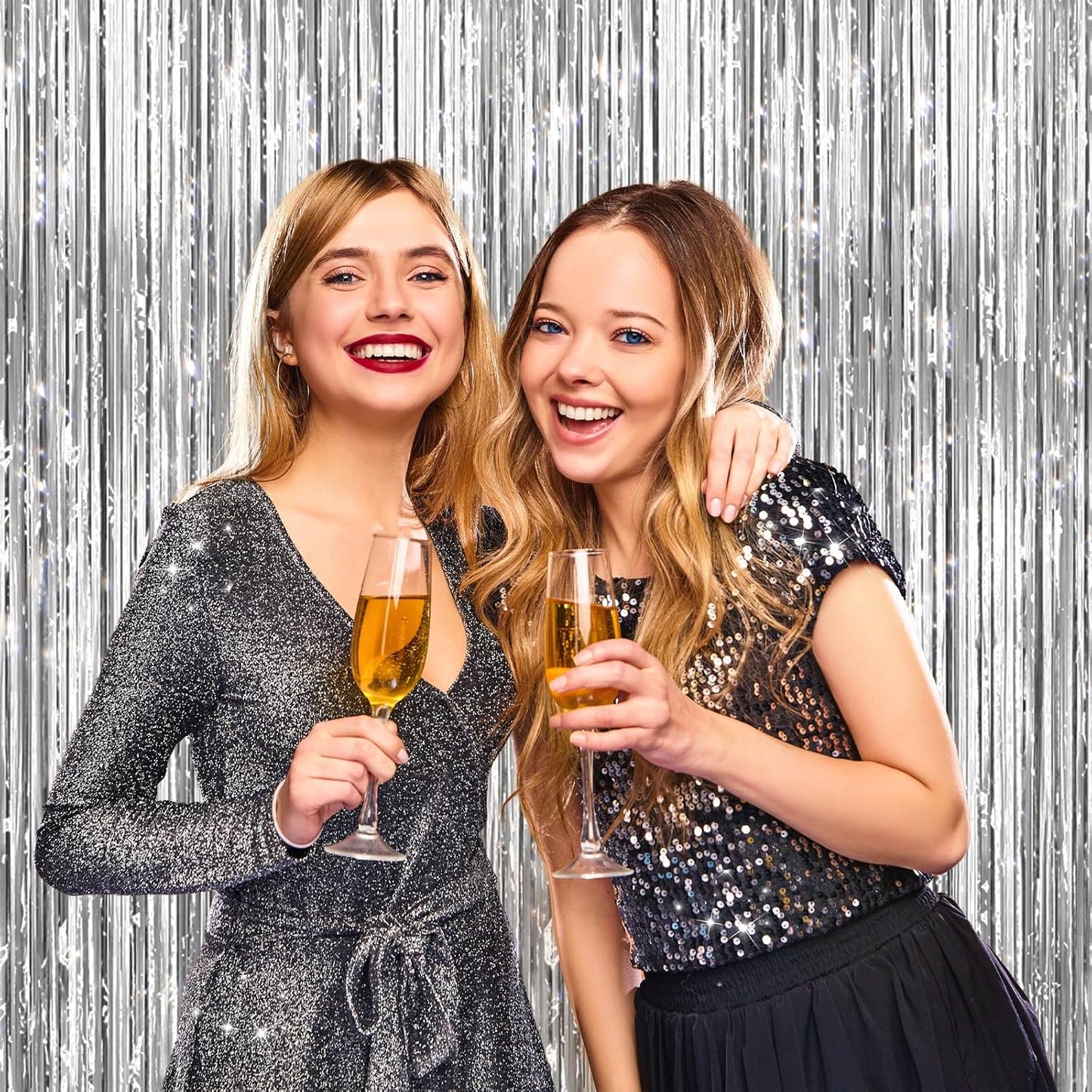 2 Pack Silver Metallic Tinsel Foil Fringe Curtains, Door Streamers Photo Booth Backdrop for Birthday Party, Tinsel Curtain Backdrop for Baby Shower Bachelorette Christmas Party Decorations