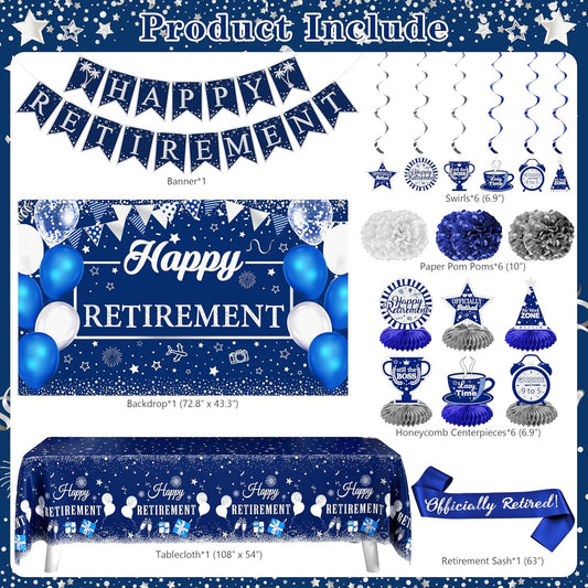 Retirement Party Decorations for Men Women 109Pcs Blue Silver Happy Retirement Decorations Include Banner Backdrop Balloons Sash Hanging Swirls Pompoms Tablecloth Honeycomb Centerpiece(Blue Silver)