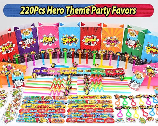 220PCS Hero Party Favors Kit – Birthday Supplies Includes Goodies Bags, Straws, Bubble Wands, Notebook & More – Perfect for Party Decorations & Pinata Fillers