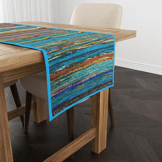 Trade Star Reversible Bedside Runner Designed Table Mat Handloomed Rug Runner Perfectly Highly Durable Decorative Upcycled Fabric Table Placemat (Turquoise)