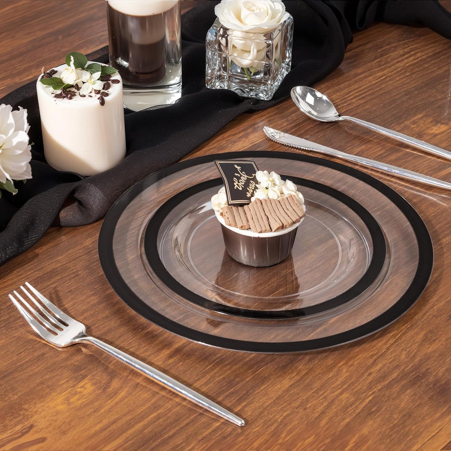 U-QE 120pcs Black Plates Disposable for Party - Clear Plastic Plates Disposable Heavy Duty - Include 60 10" Dinner and 60 7" Dessert Plate, Perfect for Party & Wedding
