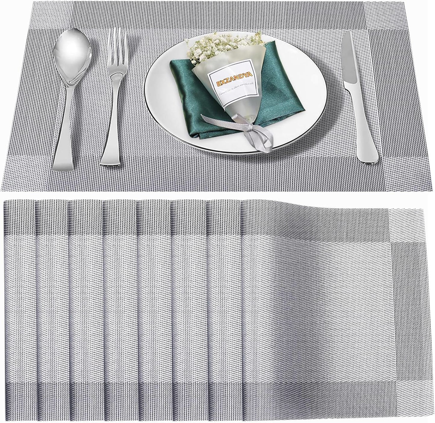 Placemats Set of 8,Washable,Heat and Stain Resistant Indoor/Outdoor Place mats,Vinyl Woven Non Slip Table Mats for Restaurant Table Protection,PVC Placemats(Silver, 8PCS)