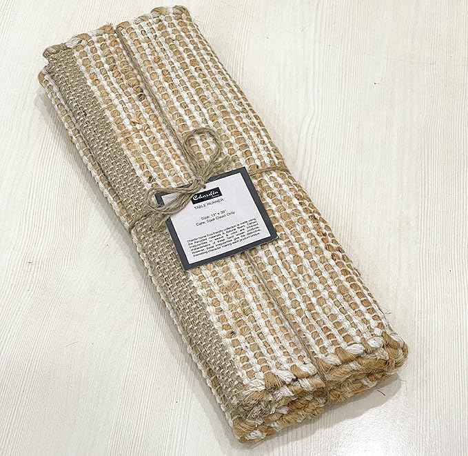 Chardin home Natural Jute Table Runner 13x48 Inch – Vintage Boho Rustic Table Decor – Handwoven Table Runner in Natural Jute and Ivory – Farmhouse Dining or Console Table Accent