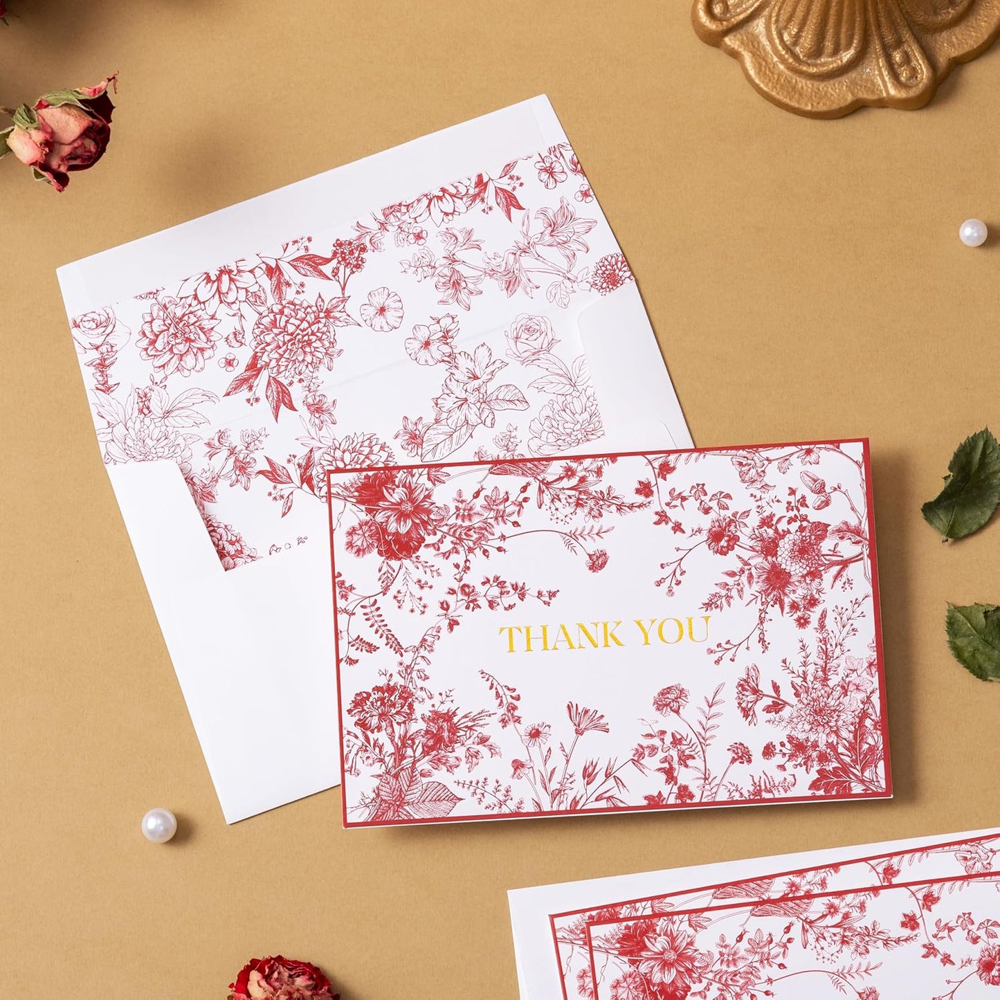 Crisky Red Floral Thank You Cards Gold Foil Greeting Notes Bulk with Envelopes (50 Pack) for Birthday, Baby Shower, Bridal Shower, Wedding, Graduation