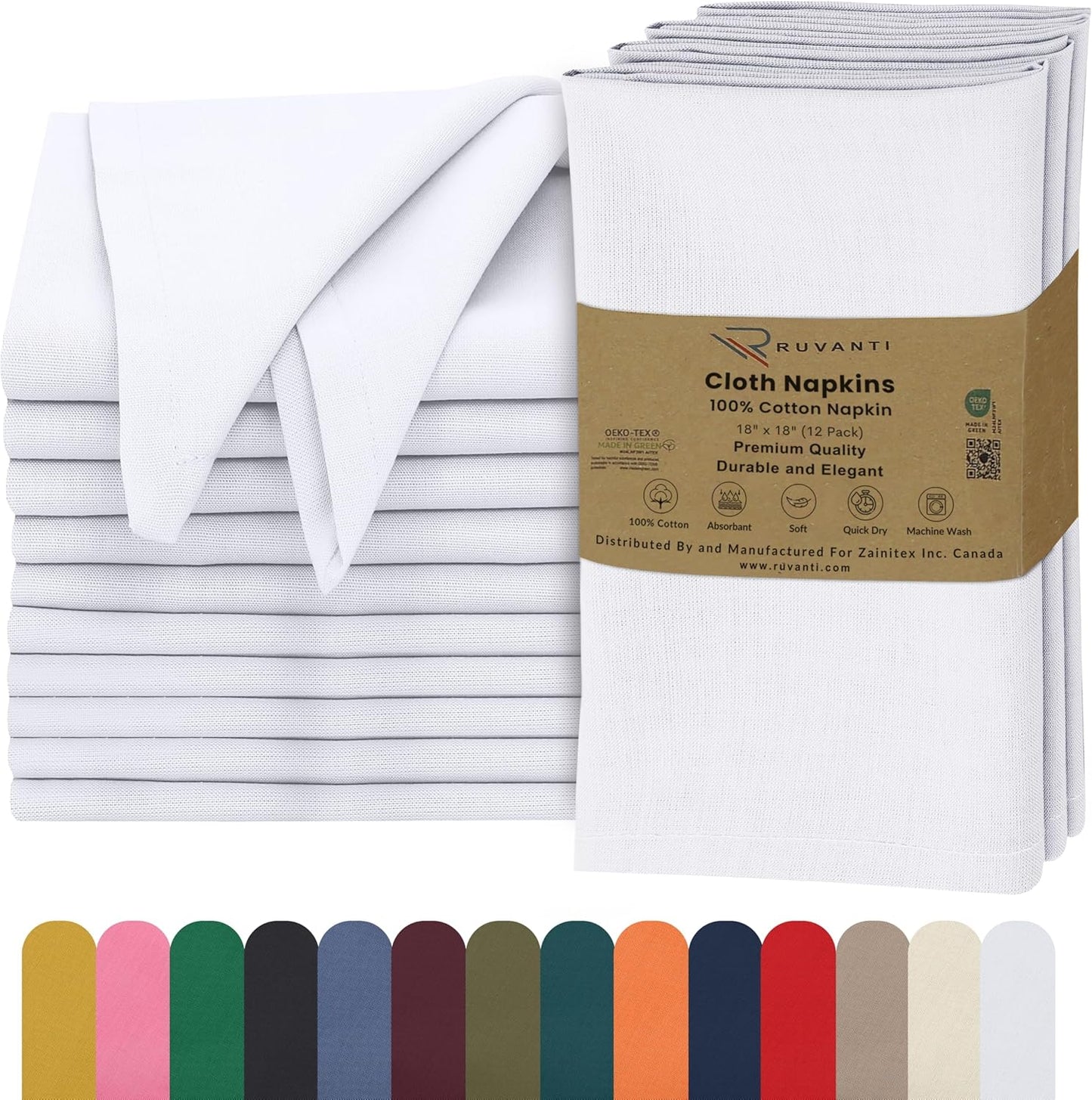 Ruvanti Linen Napkins Set of 12, 18x18 Cloth Napkins, Cotton Linen Blend Napkins Cloth Washable, Soft, Reusable Dinner Napkins for Wedding, Parties, Christmas, Thanksgiving, Everyday Use - White