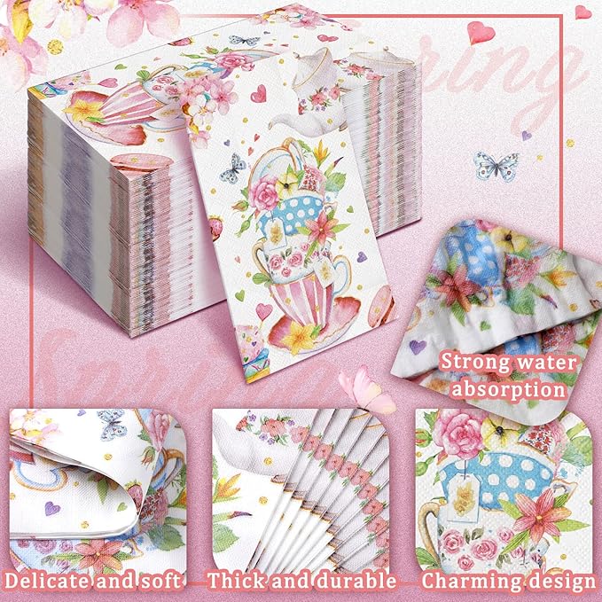 Karenhi 200 Pcs Tea Party Napkins 2 Ply Tea Cup Guest Napkins Spring Hand Paper Floral Guest Paper Towels for Bathroom Disposable Hand Towels for Bathroom Wedding Bridal