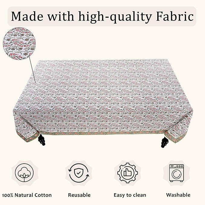 Ridhi Hand Block Print Coral Pink Rectangle Cotton Tablecloth 190" x 72" Reusable Table Cover Decorative Everyday Use for Dining, Farmhouse, Home Gift for Spring, Easter, Valentine