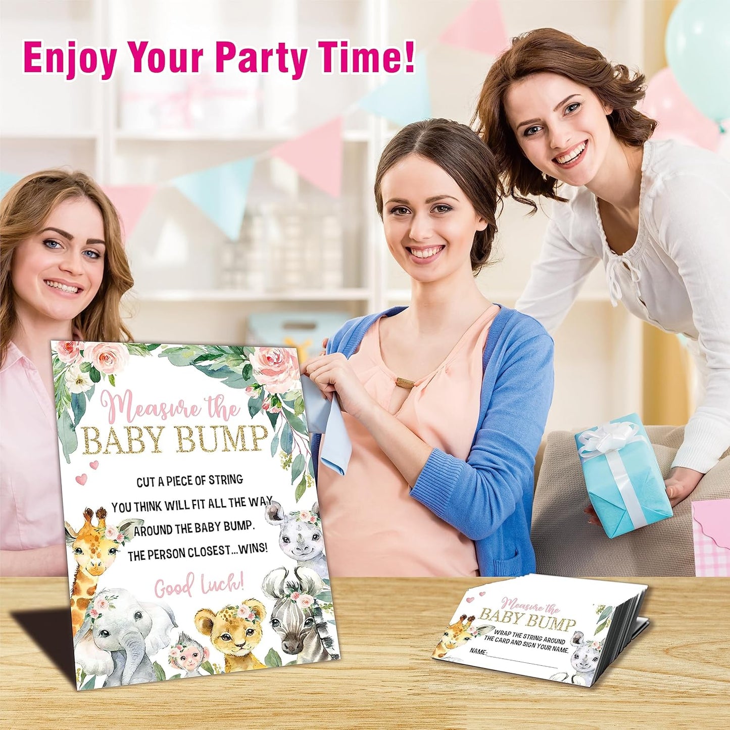 Baby Shower Games - Measure The Baby Bump Set - Watercolor Floral Safari Theme how big is mommy's belly - 1 Standing sign & 50 tickets - gender reveal party decorations & supplies -DWLK-A01