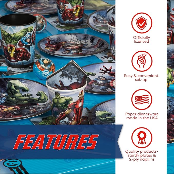 Marvel Avengers Party Supplies and Decorations, Avengers Birthday Party Supplies, Serves 16 Guests, Officially Licensed with Table Cover, Banner Decor, Plates, Napkins, and More