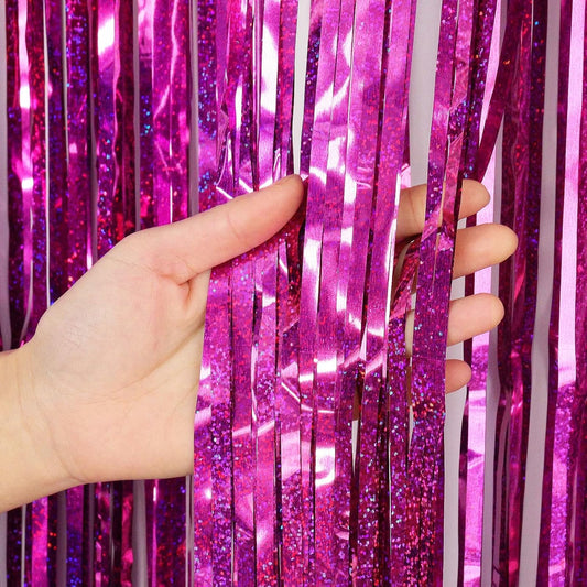 Rose Red Fringe Curtain Backdrop, 2 Pack Tinsel Foil Fringe Curtains Party Decorations Streamers, Xmas Rose Red Metallic Glitter Backdrop for Birthday Wedding Bridal Shower Photo Booth