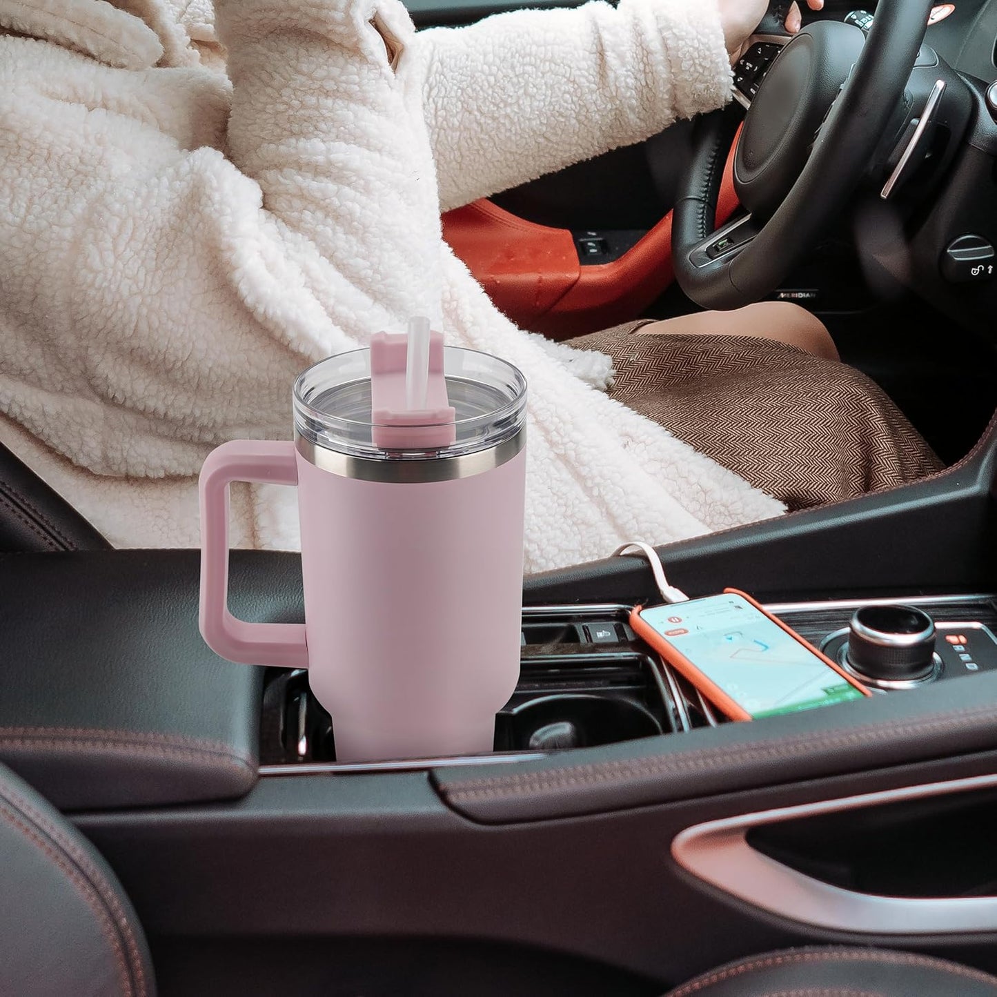 40 oz Tumbler with Handle and Straw Spill Proof Large Travel Coffee Mug Insulated Reusable Stainless Steel Cup with Lid Fit for Car Cup Holder(Light Pink)
