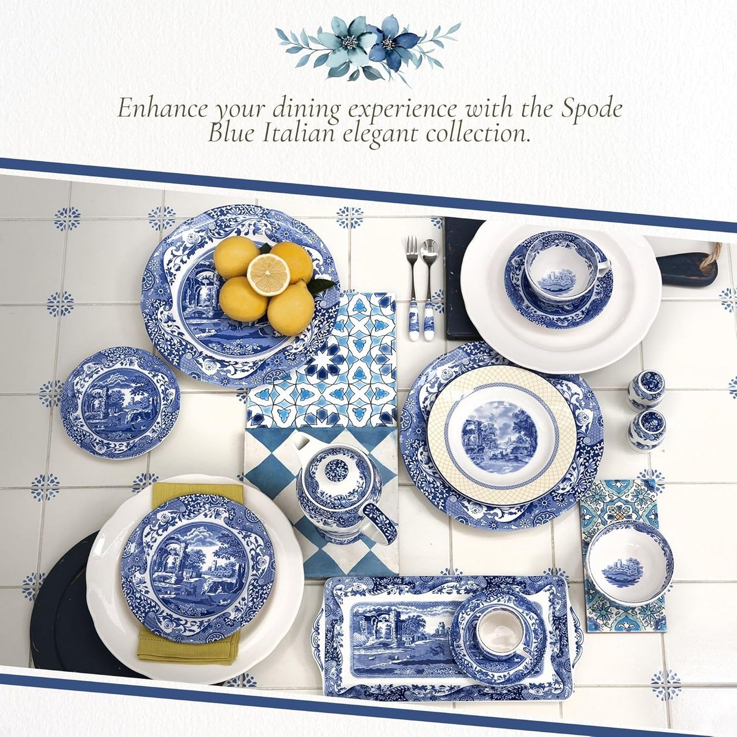 Spode Blue Italian Oval Rim Platter - 12.5" x 8.75" Porcelain Serving Platter with Intricate Scroll Border & Countryside Scene - Elegant Tableware for Entertaining, Dining Displays, Gifting