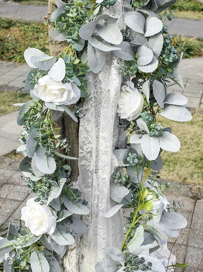 Miracliy 6 Ft Eucalyptus Garland with Flowers, Lambs Ear Greenery White Roses Flower Garland Fake Vines for Wedding Boho Table Mantle Backdrop Party Farmhouse Home Decor