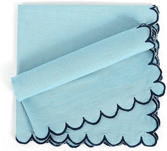 FINGERCRAFT Cloth Napkins, Everyday Use Scallop Design, Premium Quality Cotton Napkin Set of 6 Perfect for Parties Dinners Weddings Easter Napkin Cloth 20x20 inch Aqua/Navy