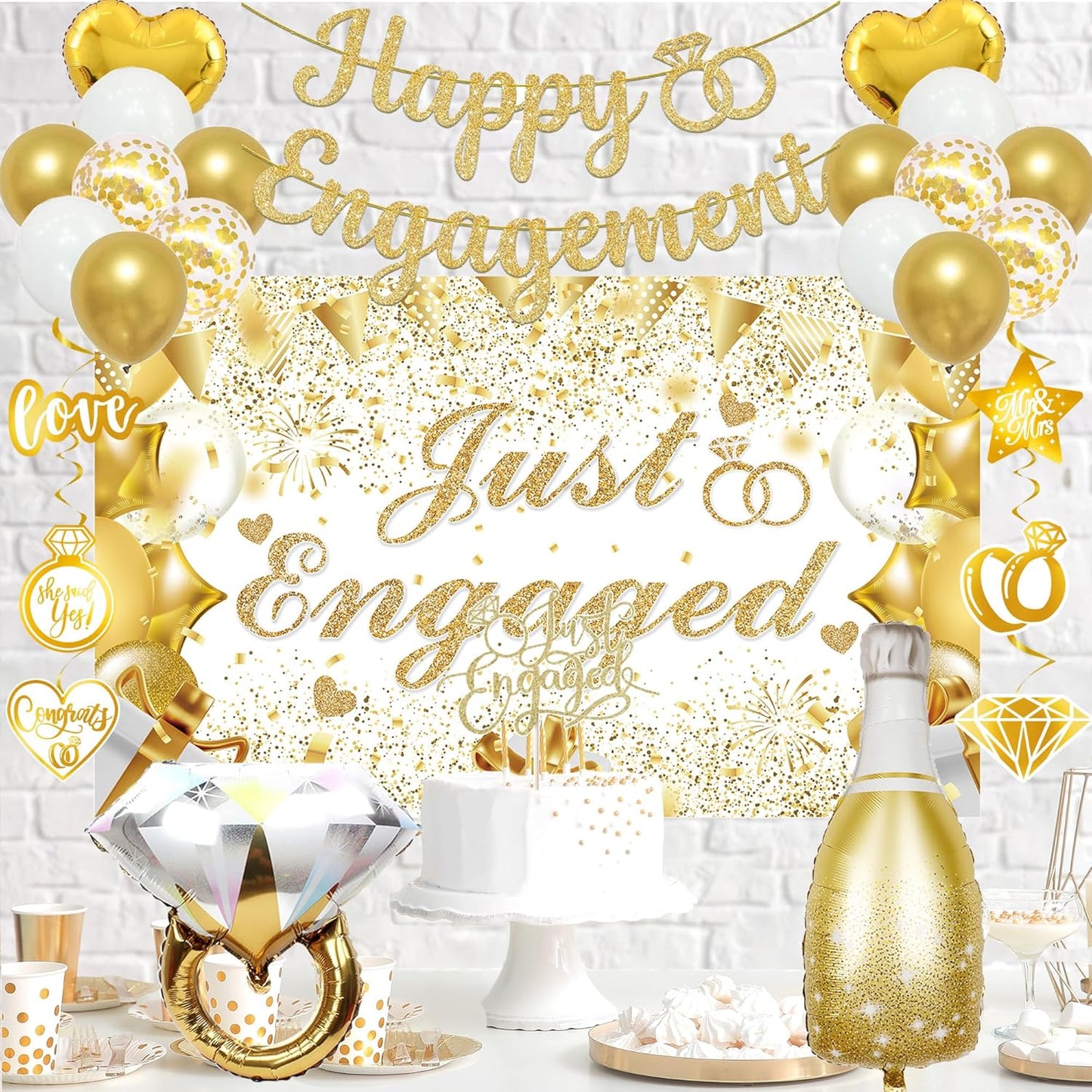 Vlipoeasn Gold Engagement Party Decorations for Couple, Just Engaged Backdrop Banner, Cake Topper, Honeycomb, Hanging Swirls