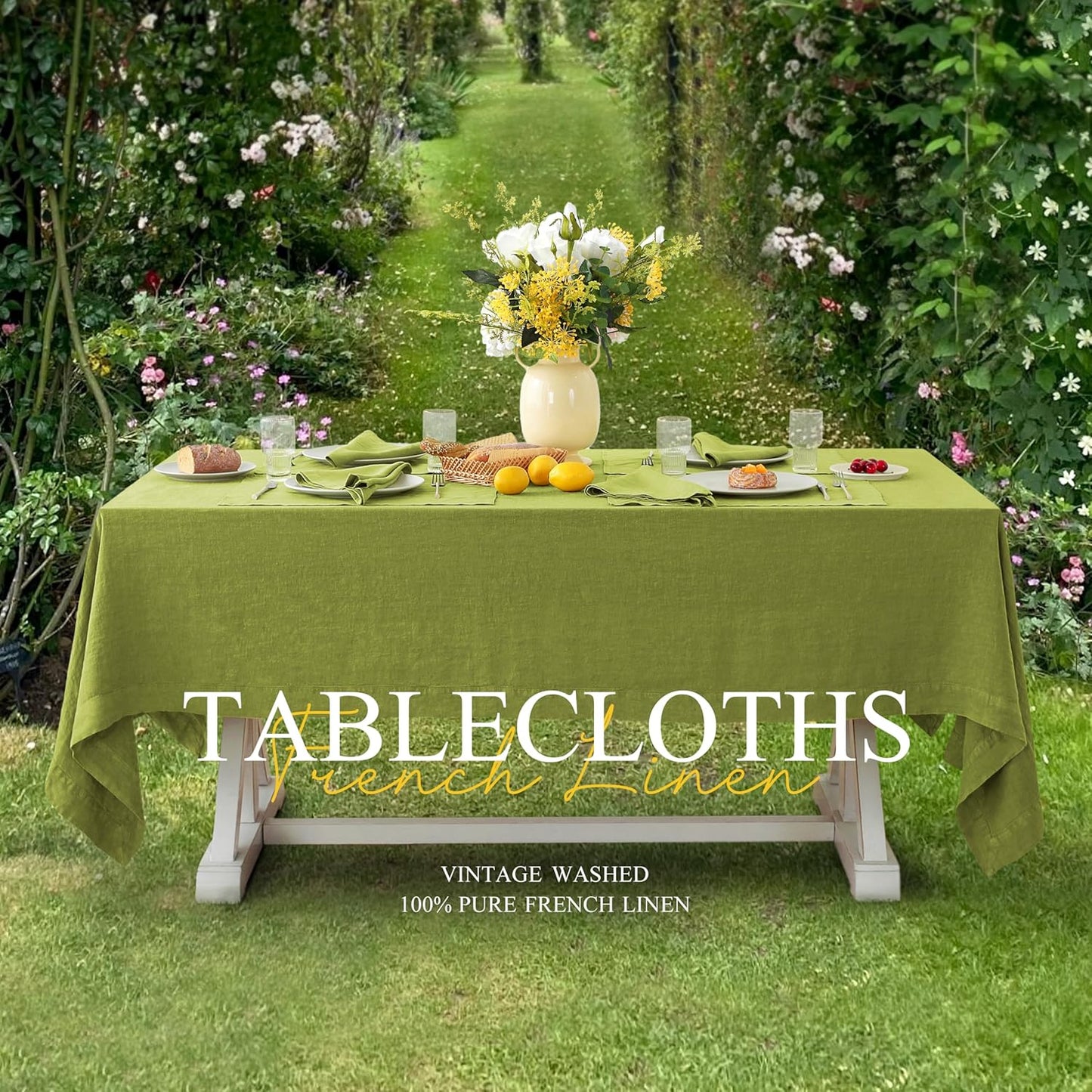Linen World Vintage Tablecloths 60x108 Inch,100% French Linen Tablecloth,Classic Vintage Washed Table Cloths for Kitchen,Outdoor,Weddings,Decorative Thanksgiving Christmas,Moss Green
