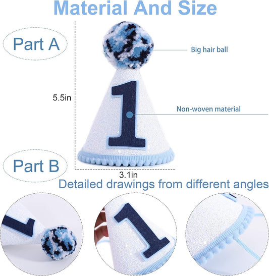 WAOUH Boy’s 1st birthday hat -navy blue felt, cone-shaped mini crown, photo props