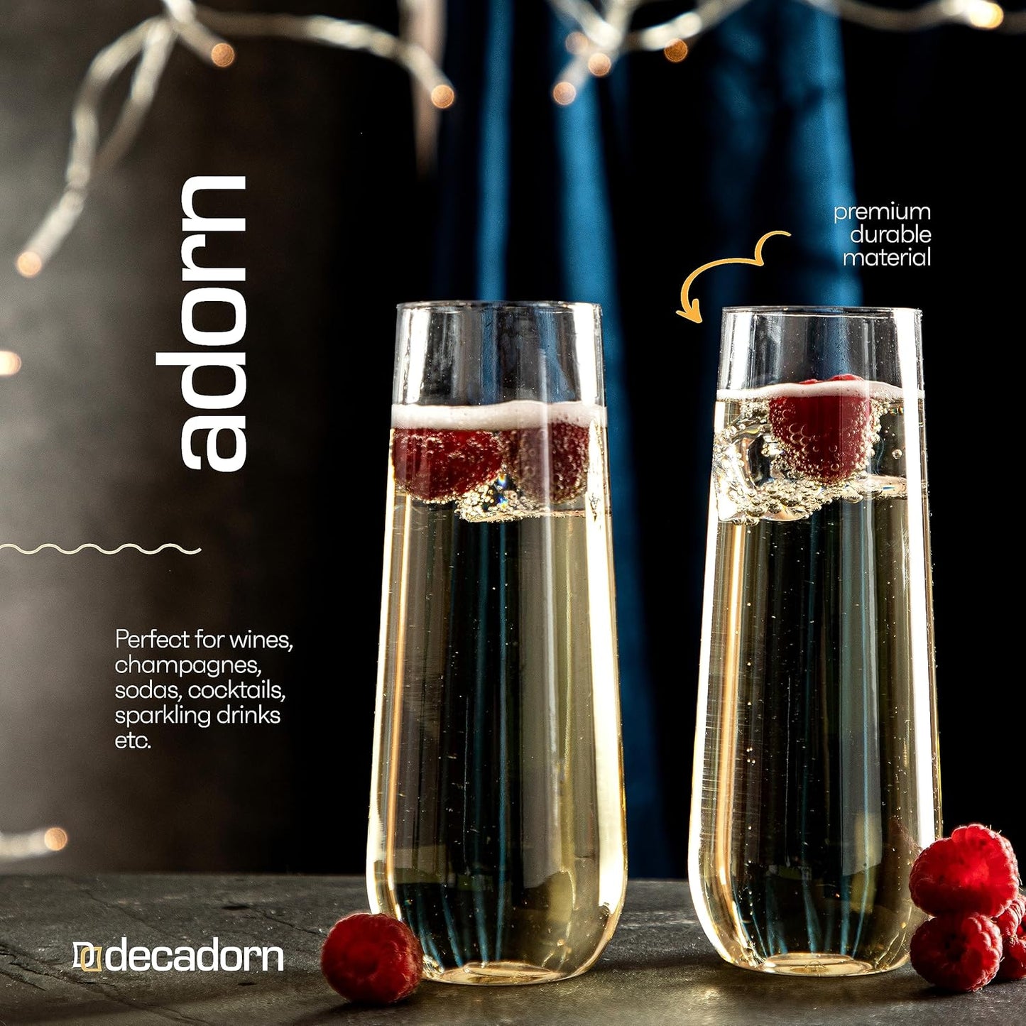 DECADORN Clear Stemless Champagne Flutes Plastic 24 Pack - 9oz Plastic Champagne Glasses - Durable and Sturdy Mimosa Glasses For Parties - Shatterproof, Recyclable, BPA-Free, Smooth Rims.