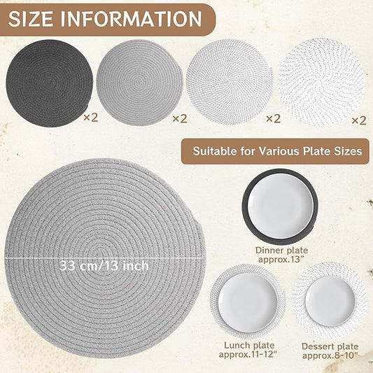 Kochorie Set of 8 Round Woven Cotton Placemats, 13 Inch Boho Table Mats for Kitchen and Dining Table, Farmhouse Heat Resistant Washable Trivets, Fall Thanksgiving Christmas Décor (Mixed Gray)